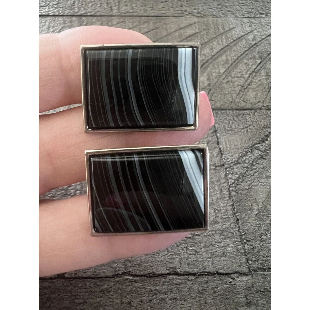 Vtg Jaguar Brand Black Onyx Sterling Silver Huggie Earrings Screw Back Signed